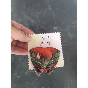 Bohemian Wooden Handpainted Triangular Shaped Dangling Earrings Vintage NOS
